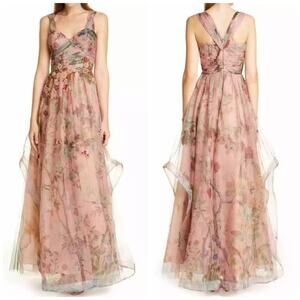 PatBO Floral Printed Tulle Full Length Dress Beaded Sequin Embroidered 6 NWT